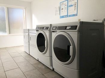 A row of washers and dryers in a laundry room